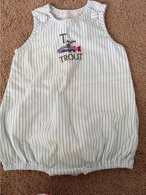 Striped Trout Appliqué Bubble Romper - Light Green/White